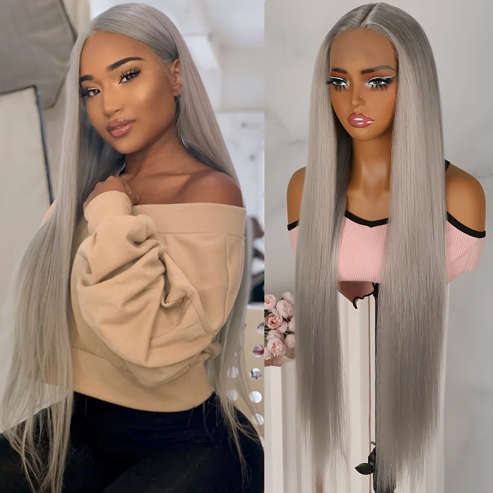 

Синтетические парики с серым оттенком волос, с центральной проборкой, на кружевной основе, 32 дюйма, длинные, шелковистые, прямые, с предварительно выщипанной линией роста волос, без клея, для женщин