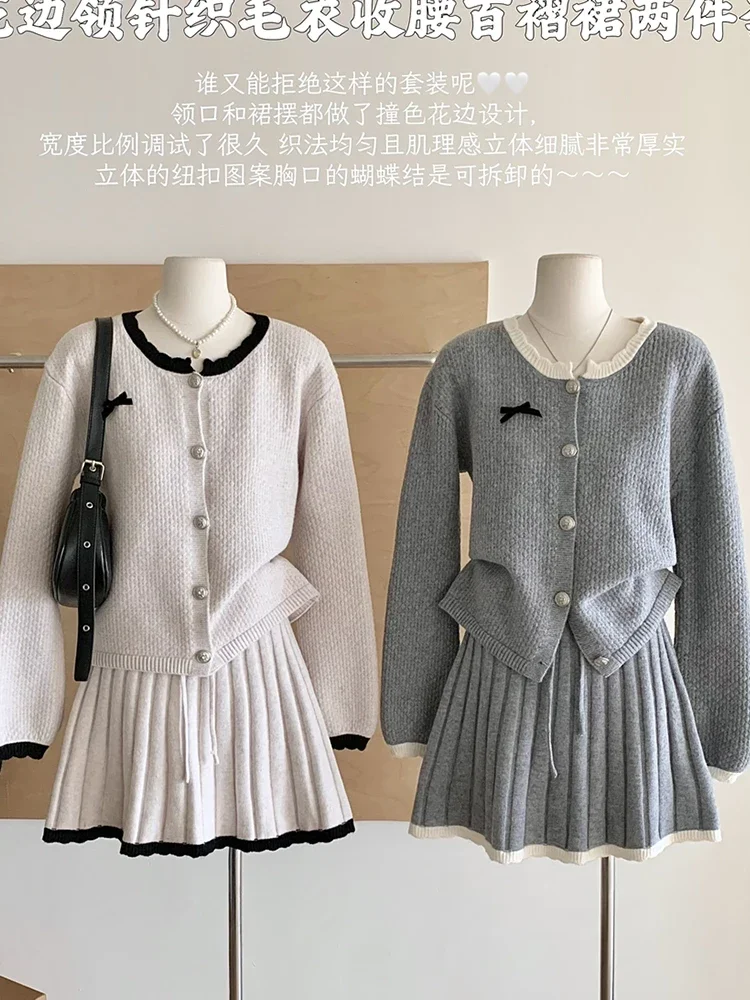 Autumn Winter French Vintage Old Money Mori Girl Chic Women 2000s Outfits 2 Piece Set Long Sleeve Cardigan + Mini Pleated Skirts