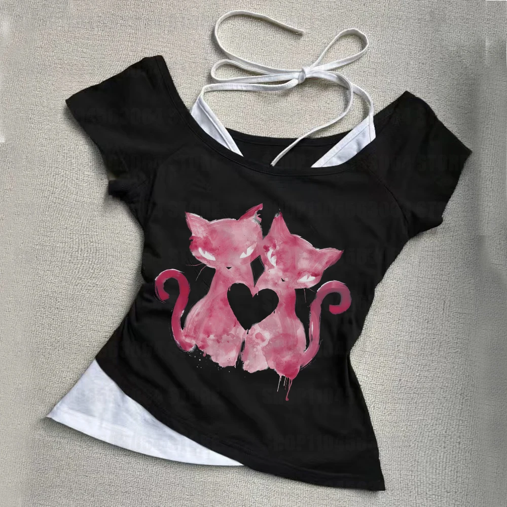 Aesthetic cartoon anime print Y2K clothes with exposed navel sexy streetwear retro women's short sleeved T-shirt pattern Emo gir