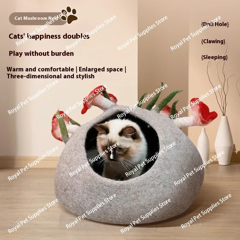 

Handcrafted Wool Cat Cave Natural Pet Bed for Kitties Warm Fleece Pad Nepalese Design Feline Sleeping SpotMushroom Cat