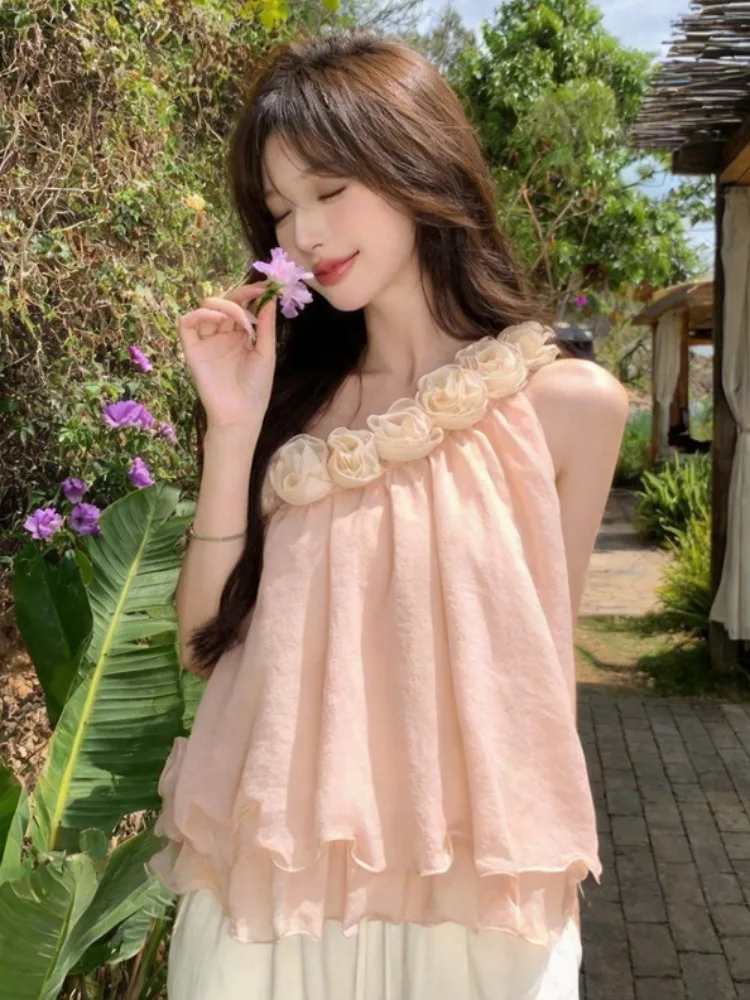 

Romantic Floral Loose Women's Sleeveless Top Asymmetrical Shoulder Design Summer Casual Sweet Style Citywalk Fashion Trend