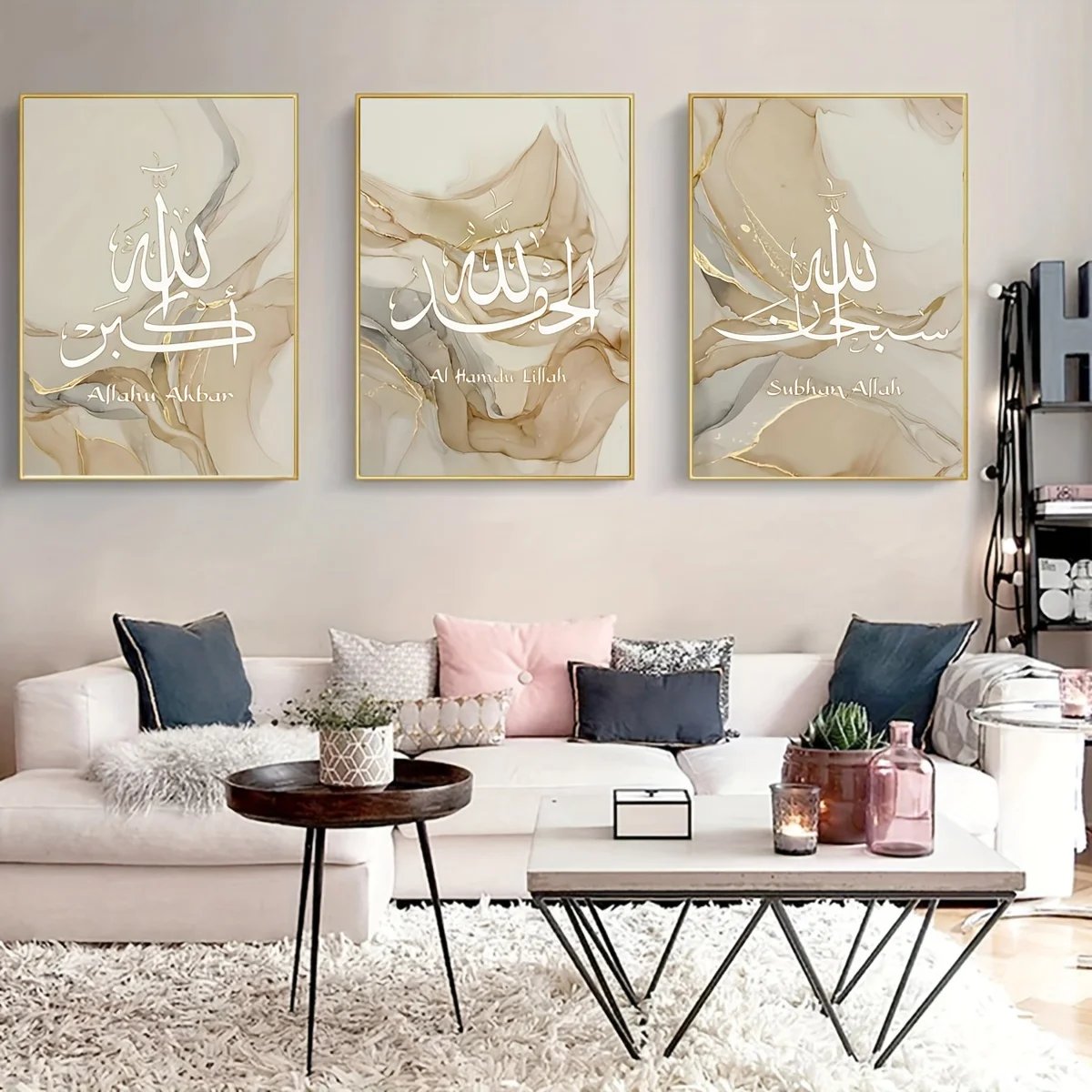 3 قطعة قماش جدار إسلامي غير مؤطر ديكور فني القرآن الكريم الخط العربي قماش اللوحة ، الخط الإسلامي الله أكبر البيج