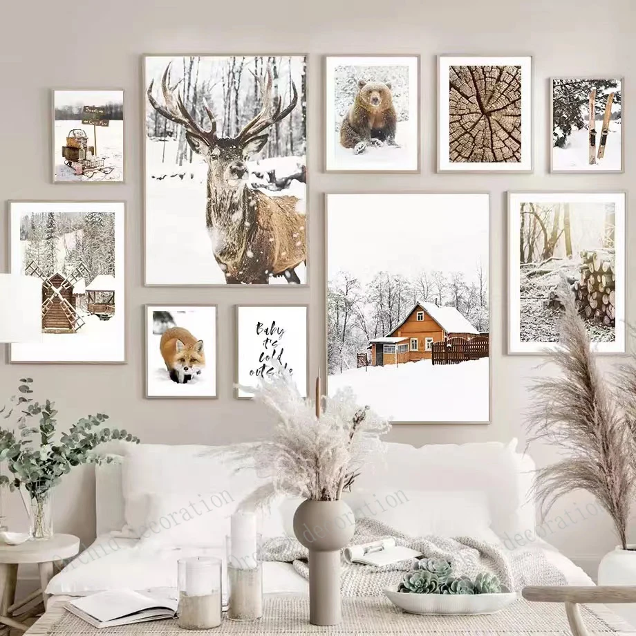 Winter Snow Forest Animals Bear Elk Snow Scenery Northern Europe Home Decoration Canvas Poster Art Print Wall Painting