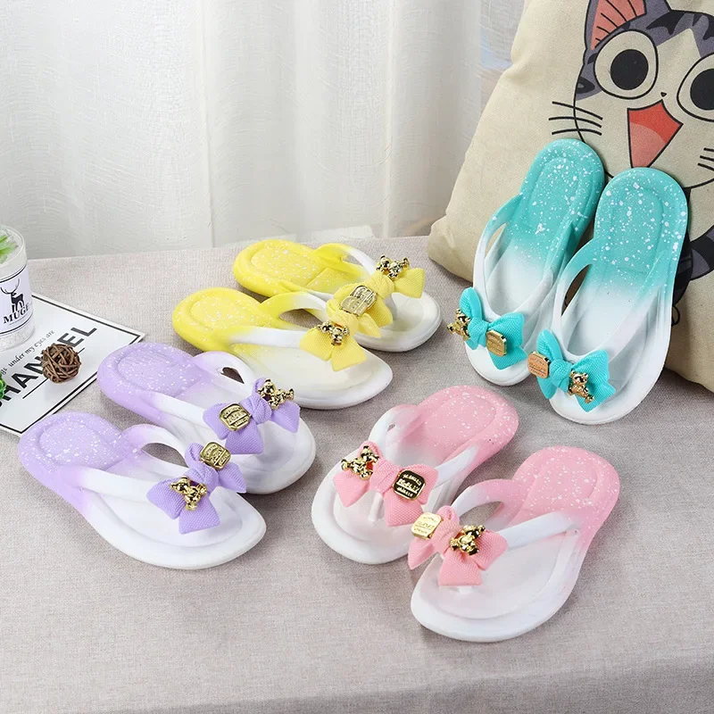 Female Summer Children Thongs Slippers Girl Cartoon Bow Beach Sandls Shoe Parent-child Flip-flops Shoes Student Clip-on Slippers