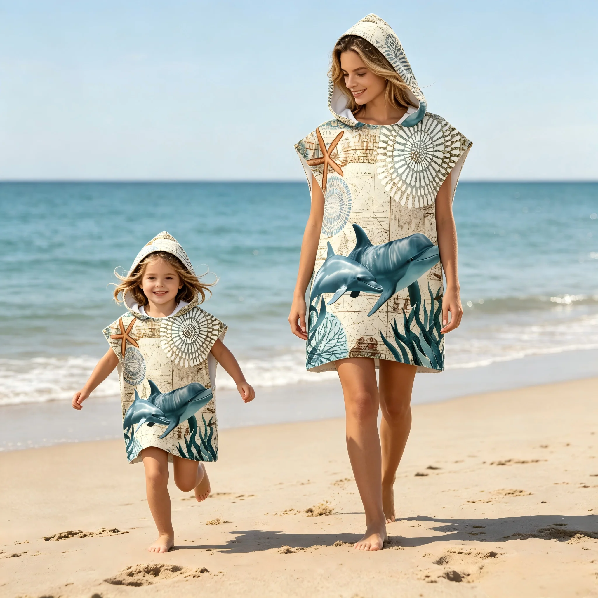 Sea Dolphin Badetuch, schnell trocknendes Kapuzentuch, großes Handtuch, Mikrofaser-Strandtuch, Neoprenanzug, Poncho-Bademantel für Erwachsene, Eltern-Kind-Poncho