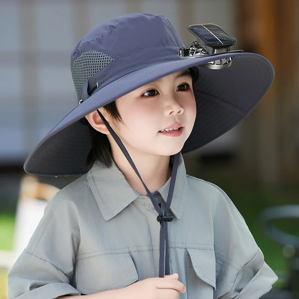 

Casual Solar/USB Charging Sun Hat with Cooling Fan Wide Brim Outdoor Sunshade Hat Anti-UV Breathable Kids Fisherman Hat
