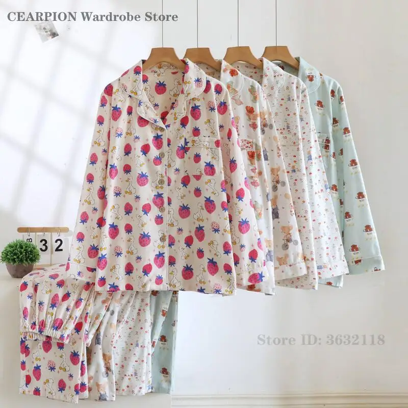 

Cotton Cartoon Women Pajamas Set Printed Long Sleeve Trouser Pijamas Suit Spring Autumn Sleepwear Loose Home Clothes Loungewear