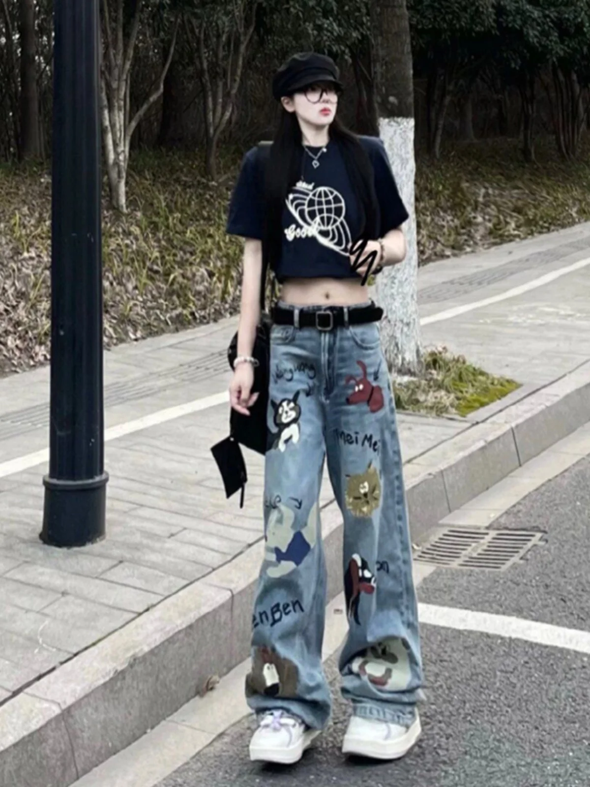 High Waist American Retro Graffiti Print Women's Jeans Loose Straight Leg Floor-Length Trousers Autumn Design Sensation 