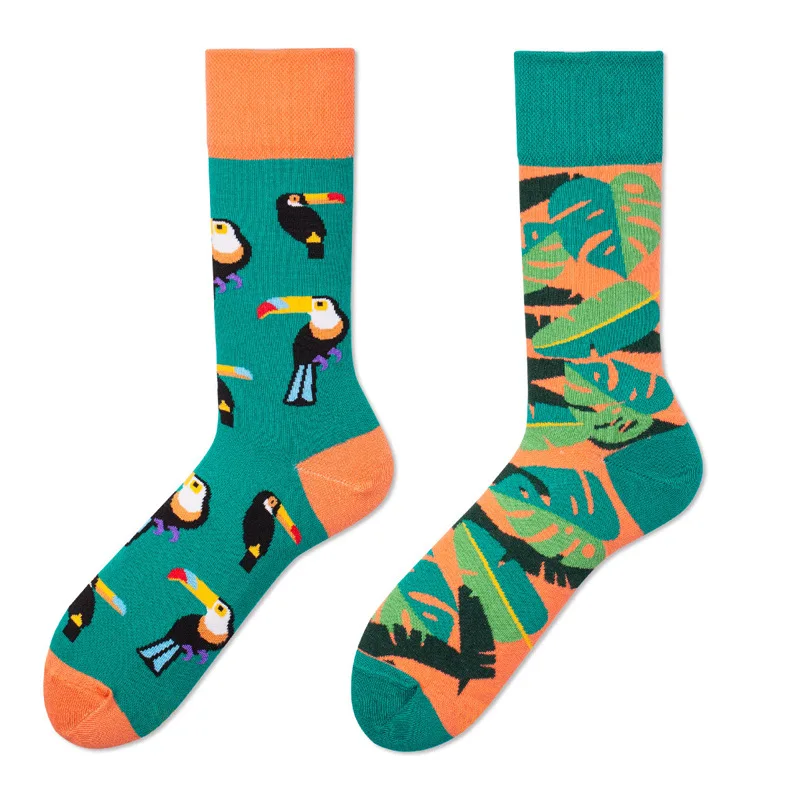 1 Pairs Asymmetric Trendy Socks Cartoon Jacquard Medium Tube Cotton Socks Kawaii Animal Woman Man Adult Socks