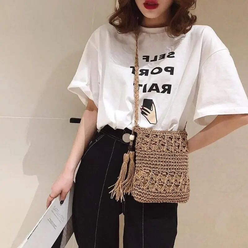 Hollow Handmade Woven Straw Crossbody Shoulder Bag Women Vintage Girl Beach Tassel Straw Bag Mini Mobile Phone Purse Coin Purse