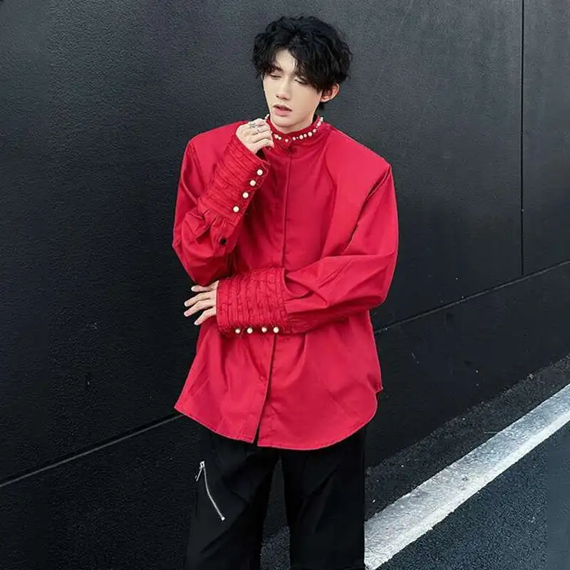 LUZHEN اللؤلؤ تزيين 2025 المرقعة الربيع الوقوف الرقبة جديد طويل الأكمام قمصان الرجال أنيقة بلون الذكور بلايز عادية JY4732 #3