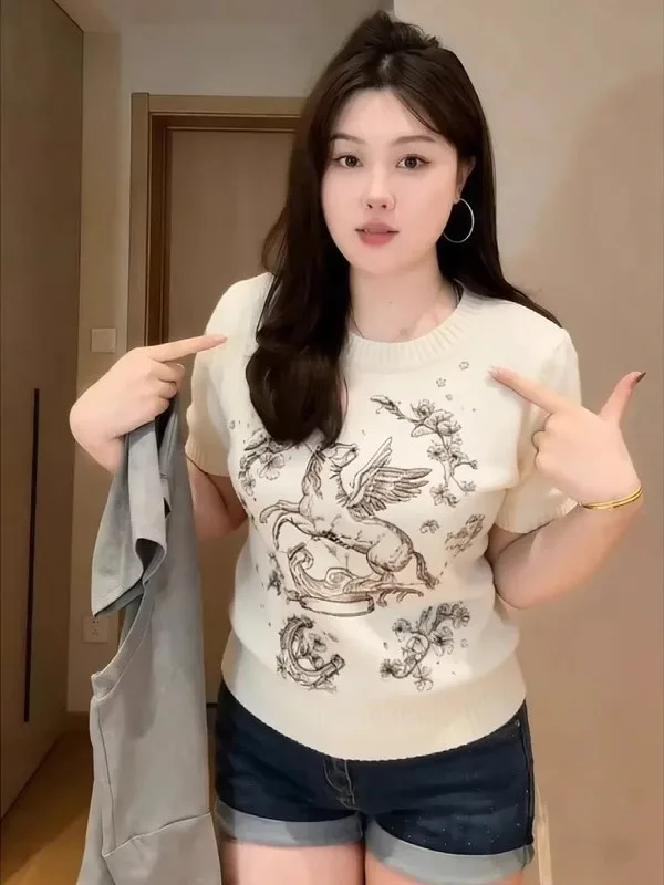 

Spring 2026 Fashion Trend Slim Fit round Neck Short Sleeve Knitted Top plus Size Women's Commute Style Korean Version Knitwear