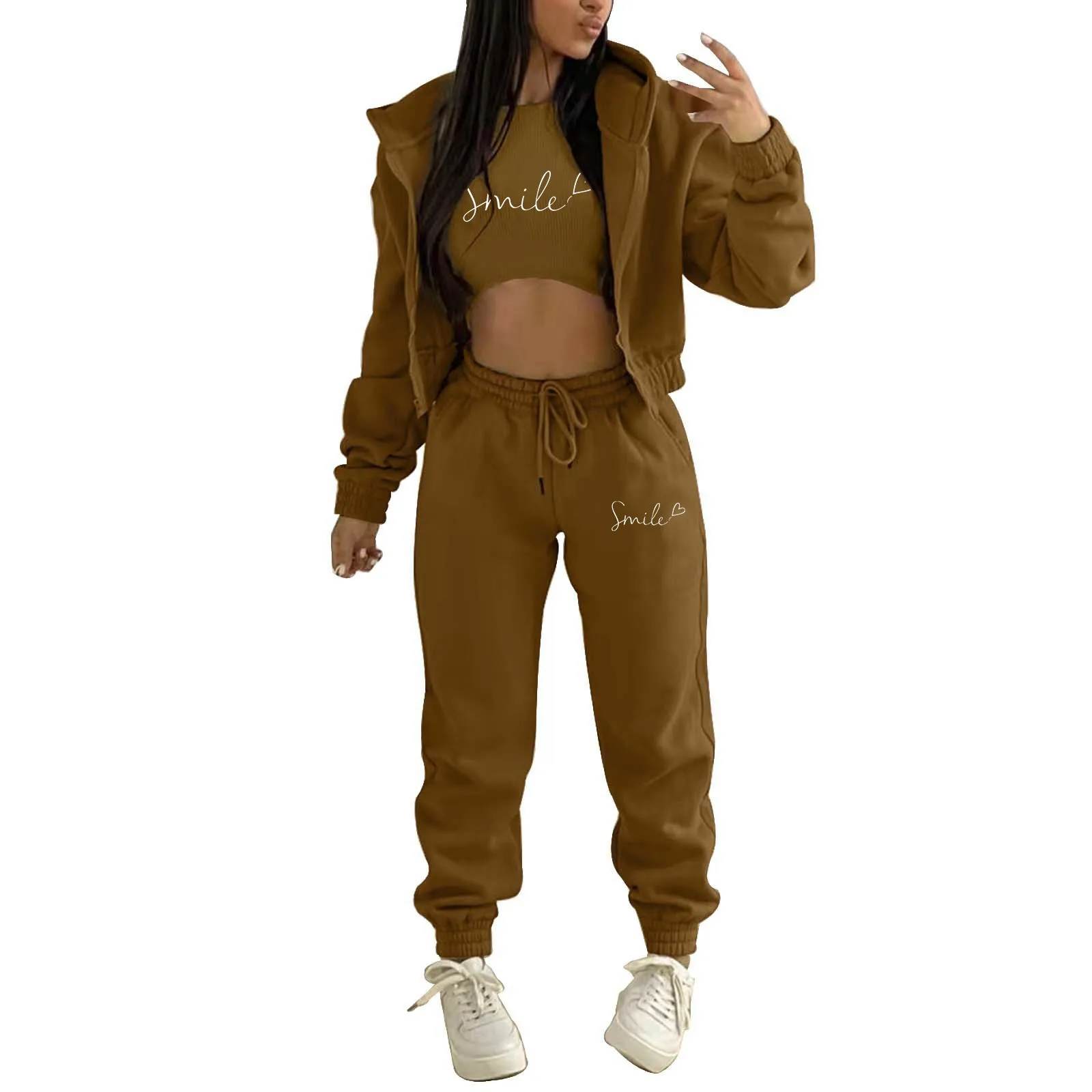 Letter Printing Fashion Winter Jogger Tracksuit Sweatpants and Hoodie Set Leisure Plush Hooded Sports Three Piece Set Women