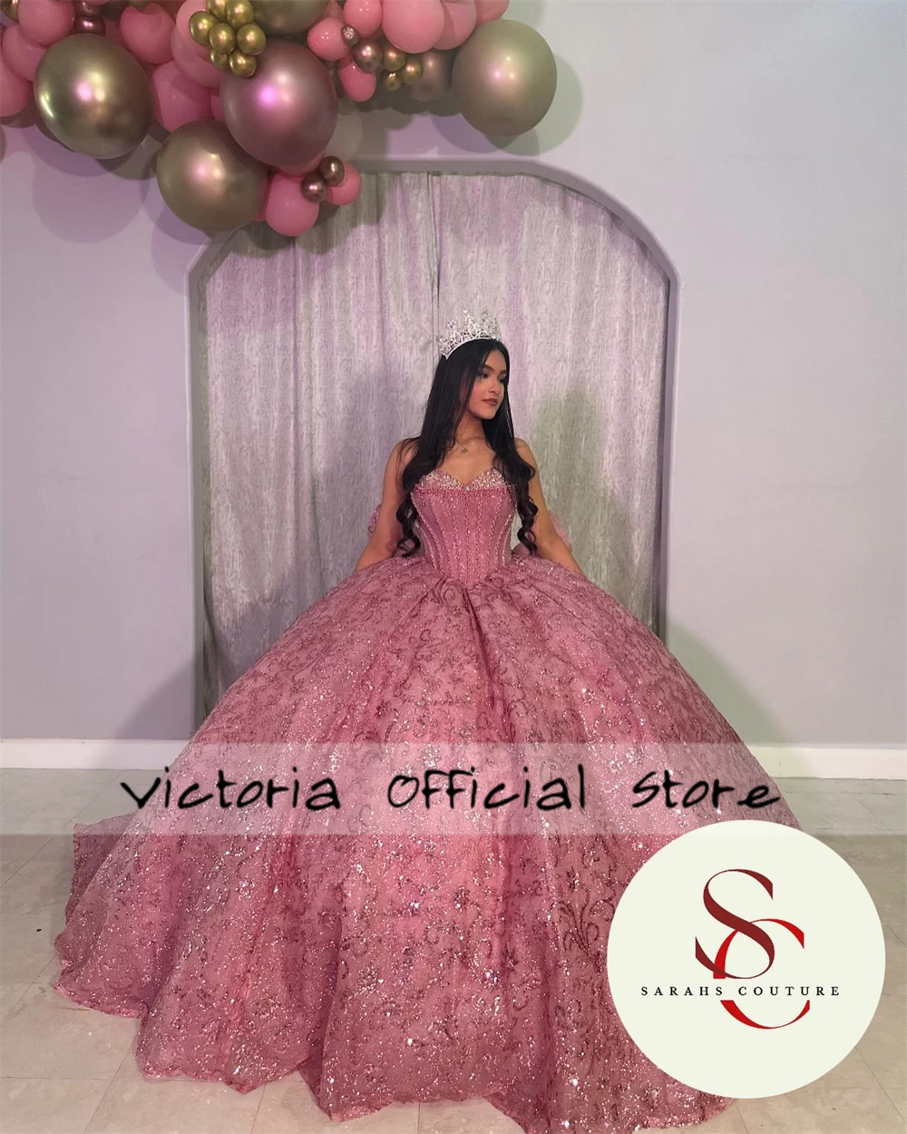 Roze Glanzende Kralen Strapless Quinceanera Jurken Baljurk Mexicaanse Zoete Zestien Jurk Bruidsjurken Glans Vestido