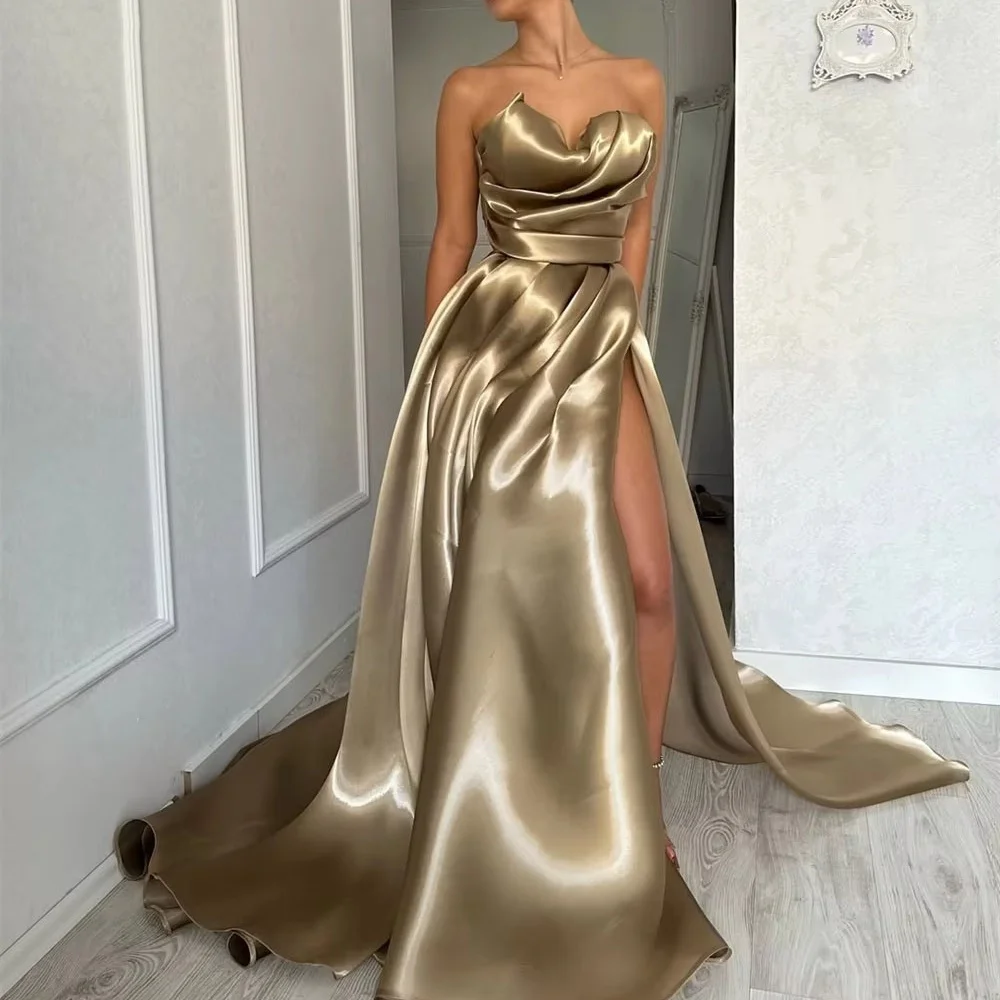 

Customized Evening Dress Gorgeous Sleeveless Prom Dresses Ruched Formal Occasion Shining High Split Party Gown Robe Soiree