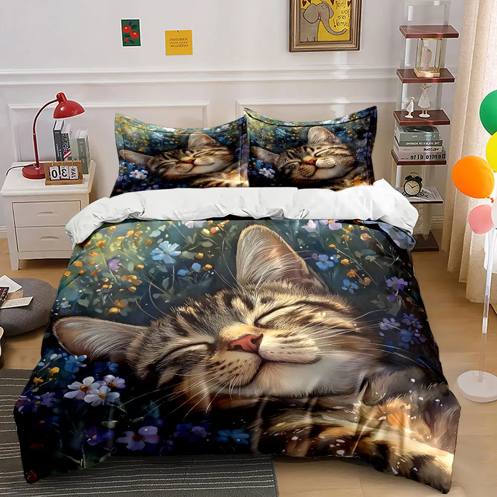 Relaxed cat in a dreamy meadow Printed Duvet Cover Set1 Duvet Cover+2 PillowcaseMulti Size Bedroom Bedding Decor Luxury gifts