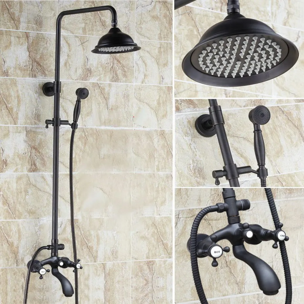 Black Oil Rubbed Brass Shower Bath Faucet Sets Wall Mounted EXposed 8