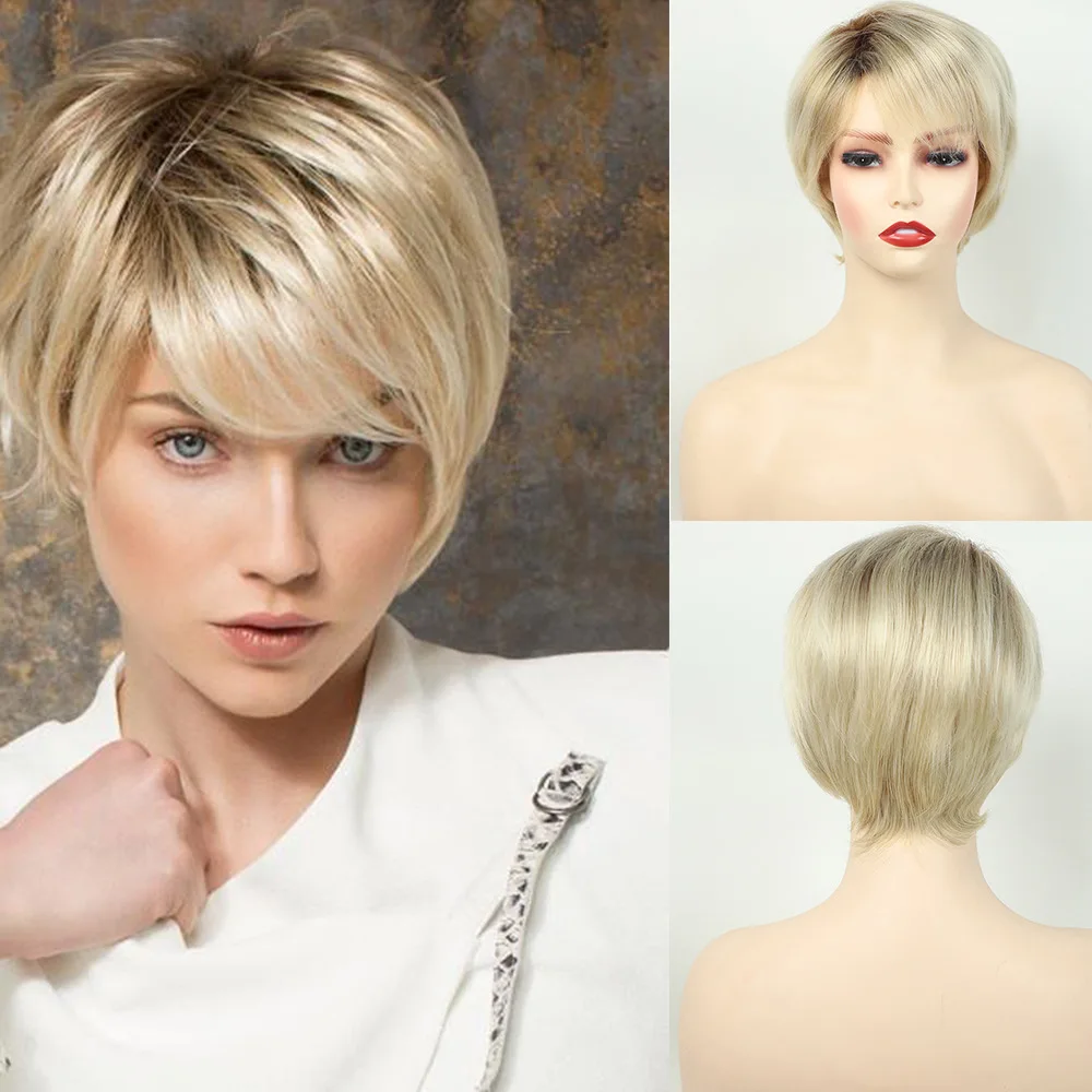 Mixed Blonde Slanted Bangs Short Synthetic Straight Hair Chemical Fiber Wig Cosplay Wig Female Full Headgear