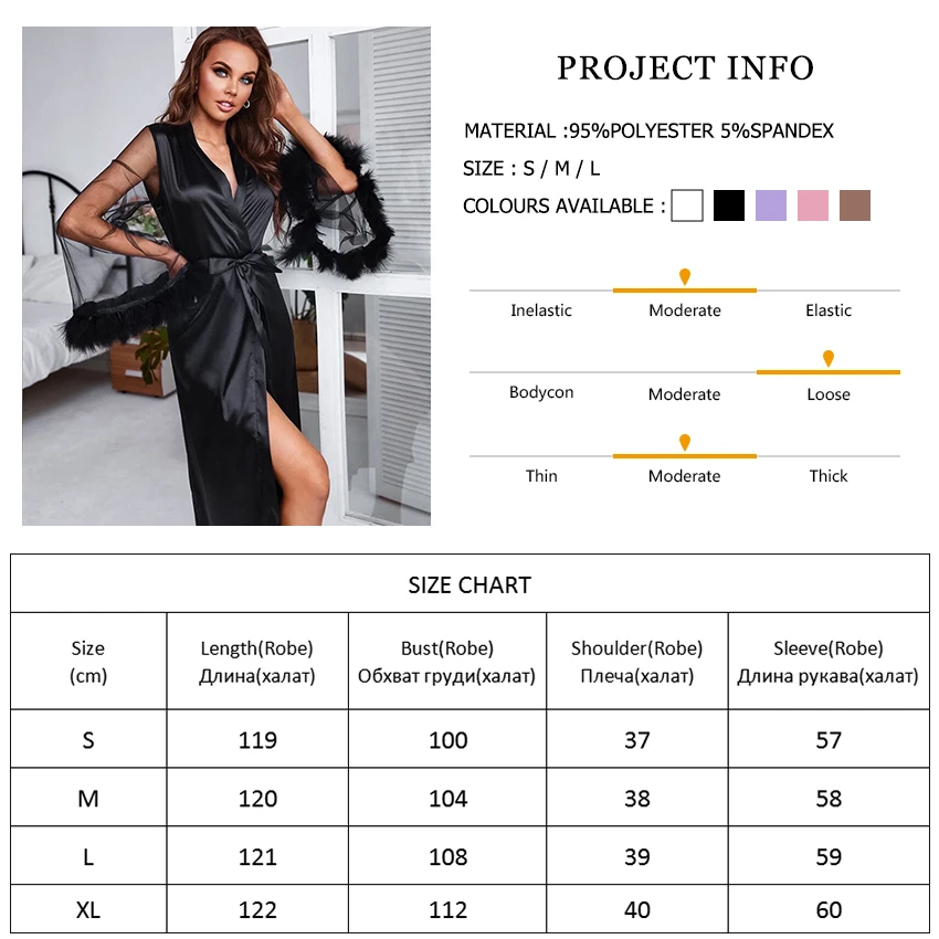 Hiloc See Through Satin Pajamas With Feathers Robes Patchwork Sexy Robe Long Flare Sleeves Sleepwear Women\'S Dressing Gown 2024