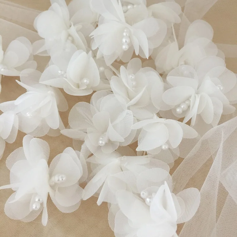 10PCS HOT 3D Pearl Flower Chiffon Patches DIY Sewing Applique Cloth Dress Wedding Hairpin Headdress Decor