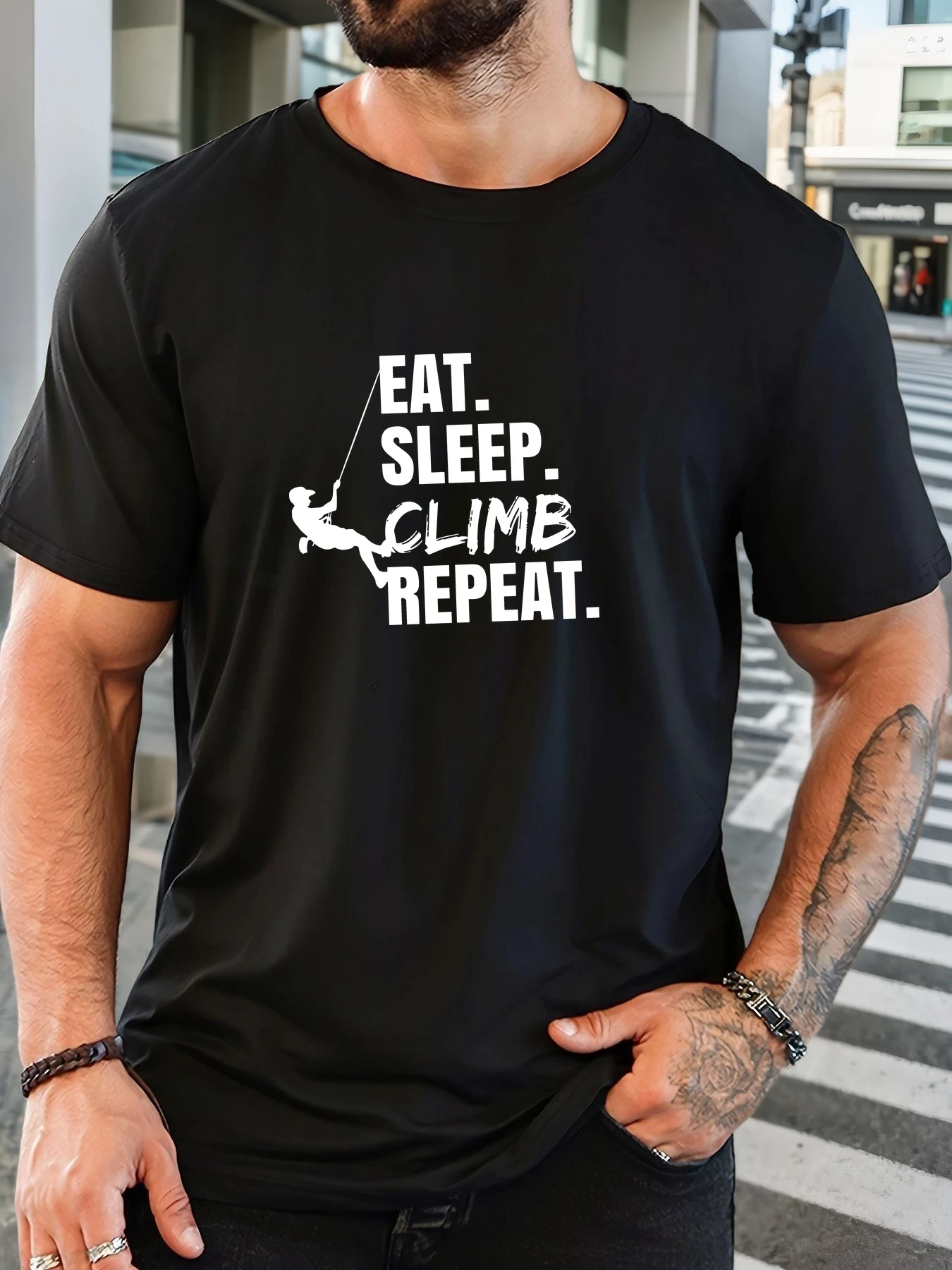 Male Black Round Neck Tee Rock Climber Graphic Eat Sleep Climb Repeat Sport Fan Light Cotton Daily Summer Casual Tees For Guys