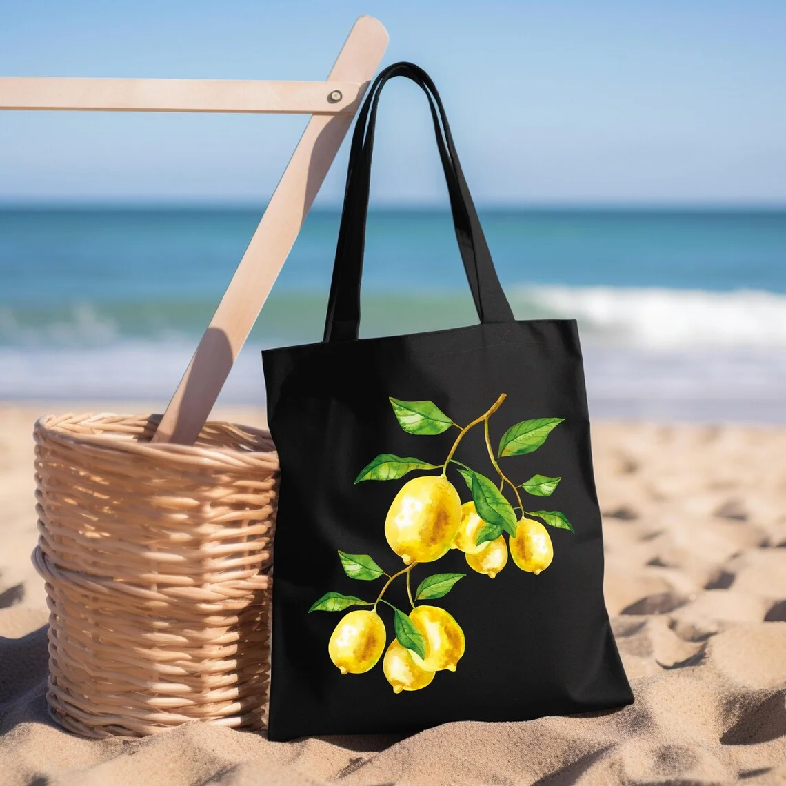 Bolsa de Mano de Lona con Estampado de Limones para el Verano, Bolsa de Hombro para Mujer, para Vacaciones en la Playa, Bolsa de Compras Reutilizable con Diseño de Limón Amarillo Fresco
