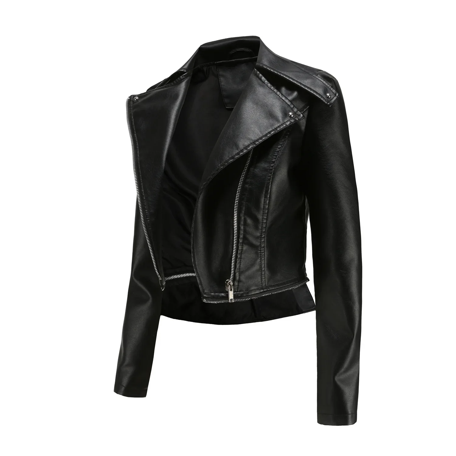 Spring Autumn Motorcycle Faux Leather Jacket Women Casual Leather Coat Female Long Sleeve Turn-down Collar Solid Outwear