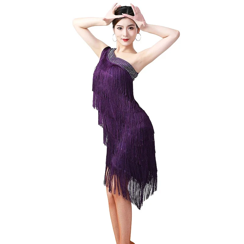 Dames Pailletten Elegante Eenschouder Latin Dance Dress Volwassen Sexy Kwastje Franje Flapper Jurk Ballroom Cocktail Danskostuum