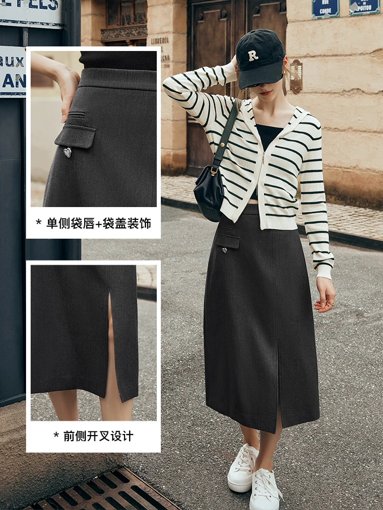 OLrain Damen-Midirock 2025, Herbst und Herbst, elegante Mode, hohe Taille, gerader Schlitzrock, einfache Damenbekleidung, O23QB82518