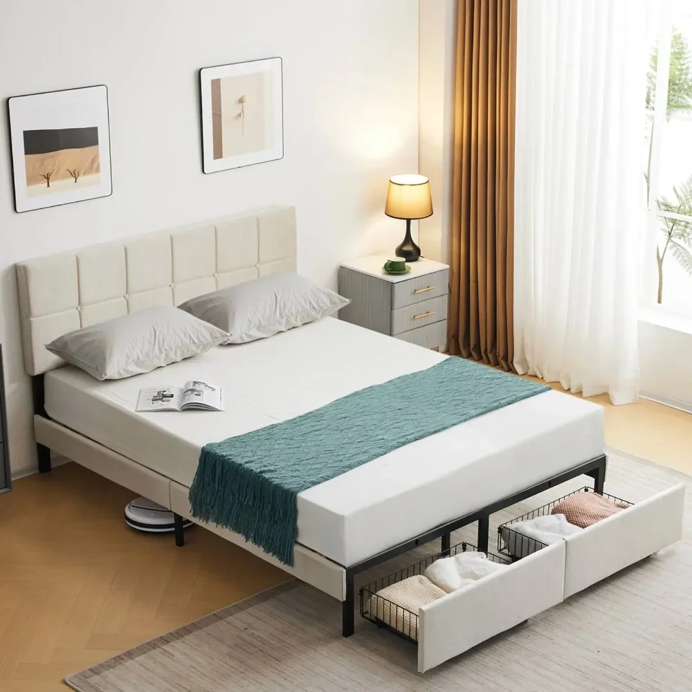 

Queen Size Platform Bed Frame with 2 Drawers, Fabric Upholstered Headboard, No Box Spring Needed, Beige