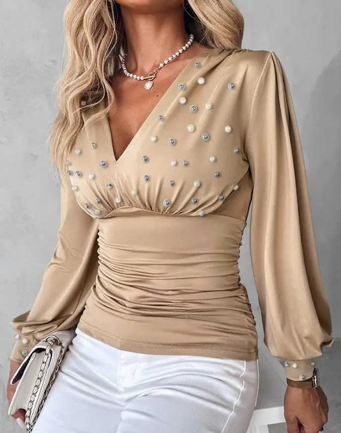 Vネック長袖カジュアルパールデックシンチブラウス