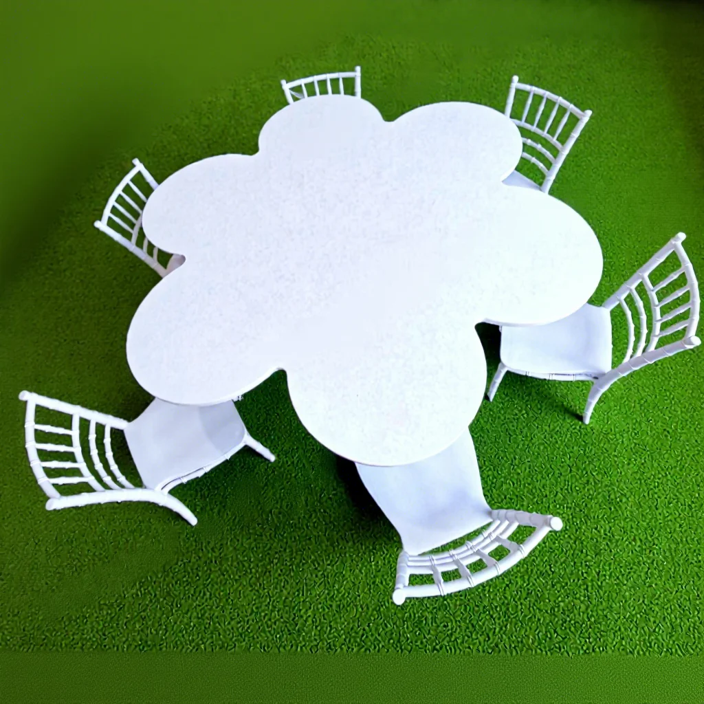 

Lightweight Easy to Move White Wood Flower Shape Foldable Table with Chairs for Kids Outdoor Parties Birthday Events and Rentals