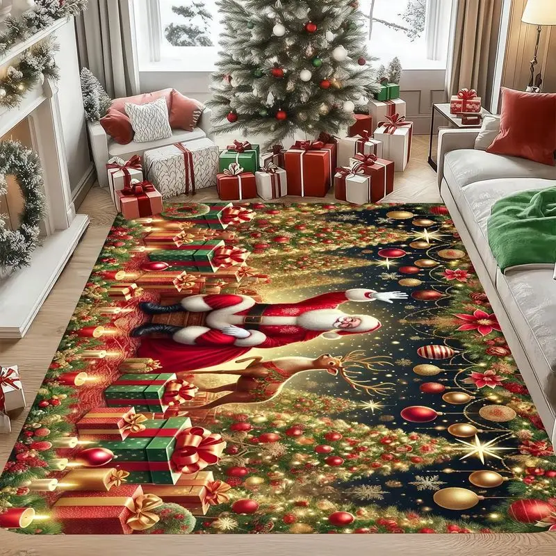 VIKAMA Santa Hugging Puppies Christmas Rug for Living Room Bedroom, Durable Machine Washable Pet Xmas Floor Carpet Home Decor
