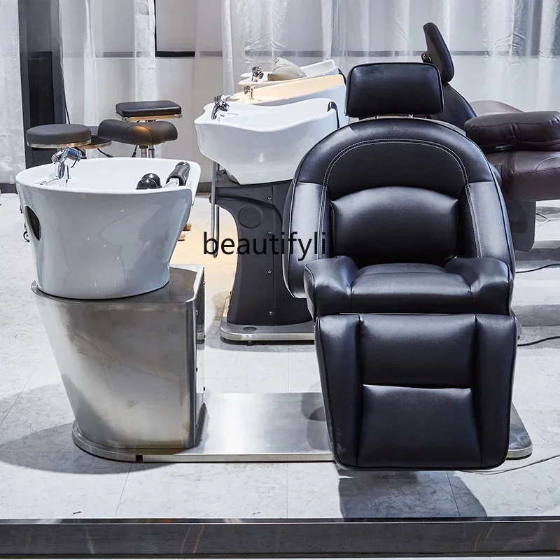 Japanese-Style Simple Electric Automatic Shampoo Chair Barber Shop Half Lying Flushing Bed for Hair Salon Rotating Shampoo Chair