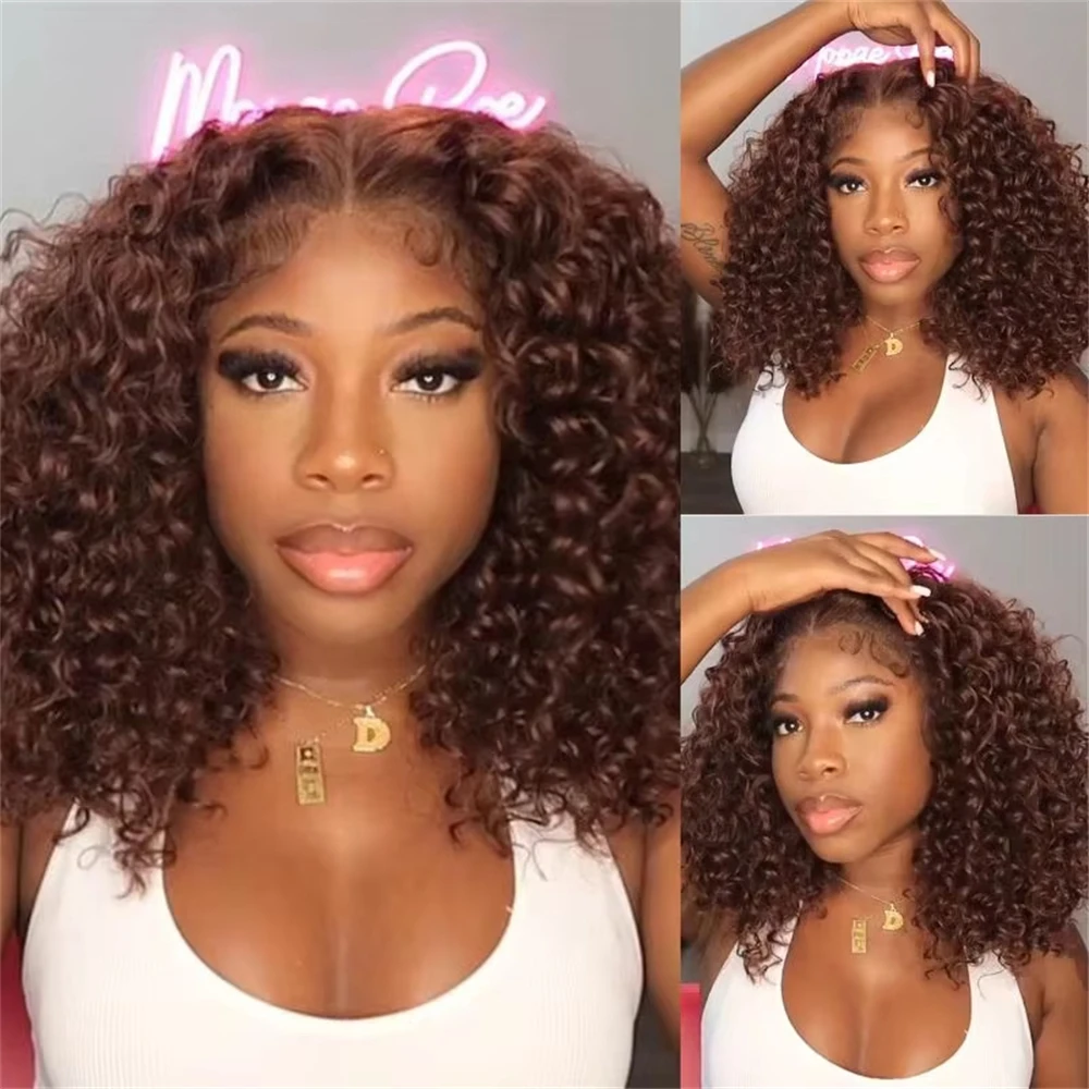 Chocolate Brown Deep Wave BOB Wigs For Black Women Human Hair 13x4 Full Lace Frontal Short Curly Dark Brown Lace Front BOB Wigs Human Hair Pre Plucked Glueless #4 Colored 14 Inch image 4