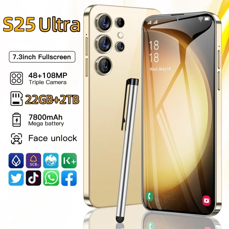 

Mobile Phones S25 Ultra 7.3 HD Screen Smart Phone Original 22G+2T 5G Dual Sim Celulares Android Unlocked 108MP 7800mAh S24 Ultra