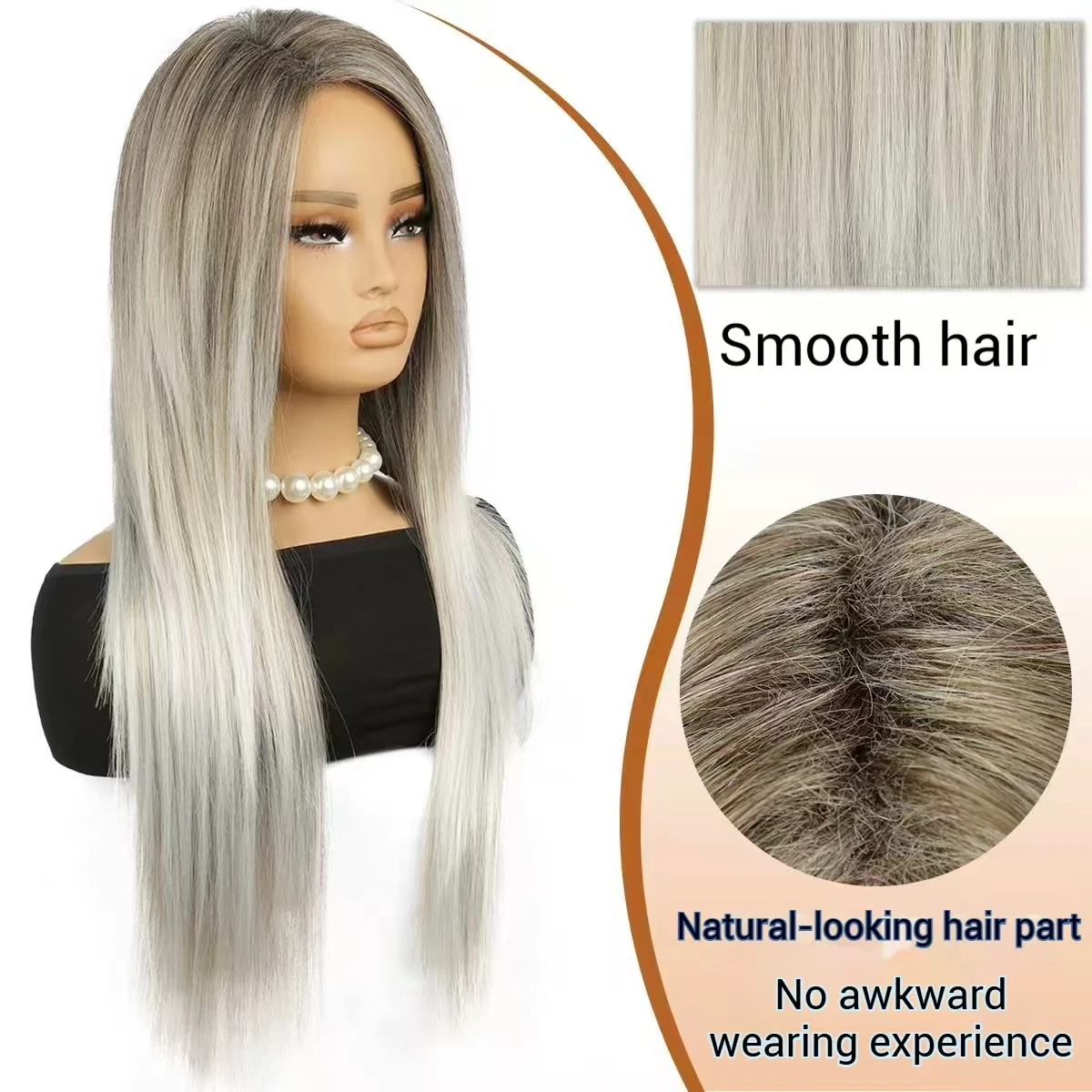 女性用ロングストレートウィッグ アッシュシルバー ブラウンマット合成毛 グルーレスレースウィッグ 高温ファイバー デイリーパーティー用