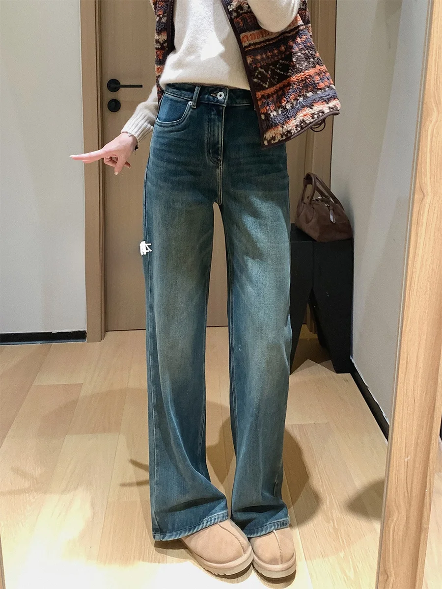 

Warm Velvet Wide Leg Pants Handmade Loose Jeans Women's High Waist Simple Sle Daily Wear Winter Season Ladies Jeans