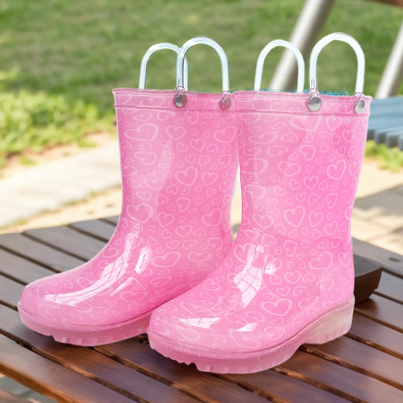 

Children's Rain Boots, Pink Heart Pattern with Handle, No Fur Lining, Waterproof Non-Slip Rain Shoes for Toddlers & Little Girls