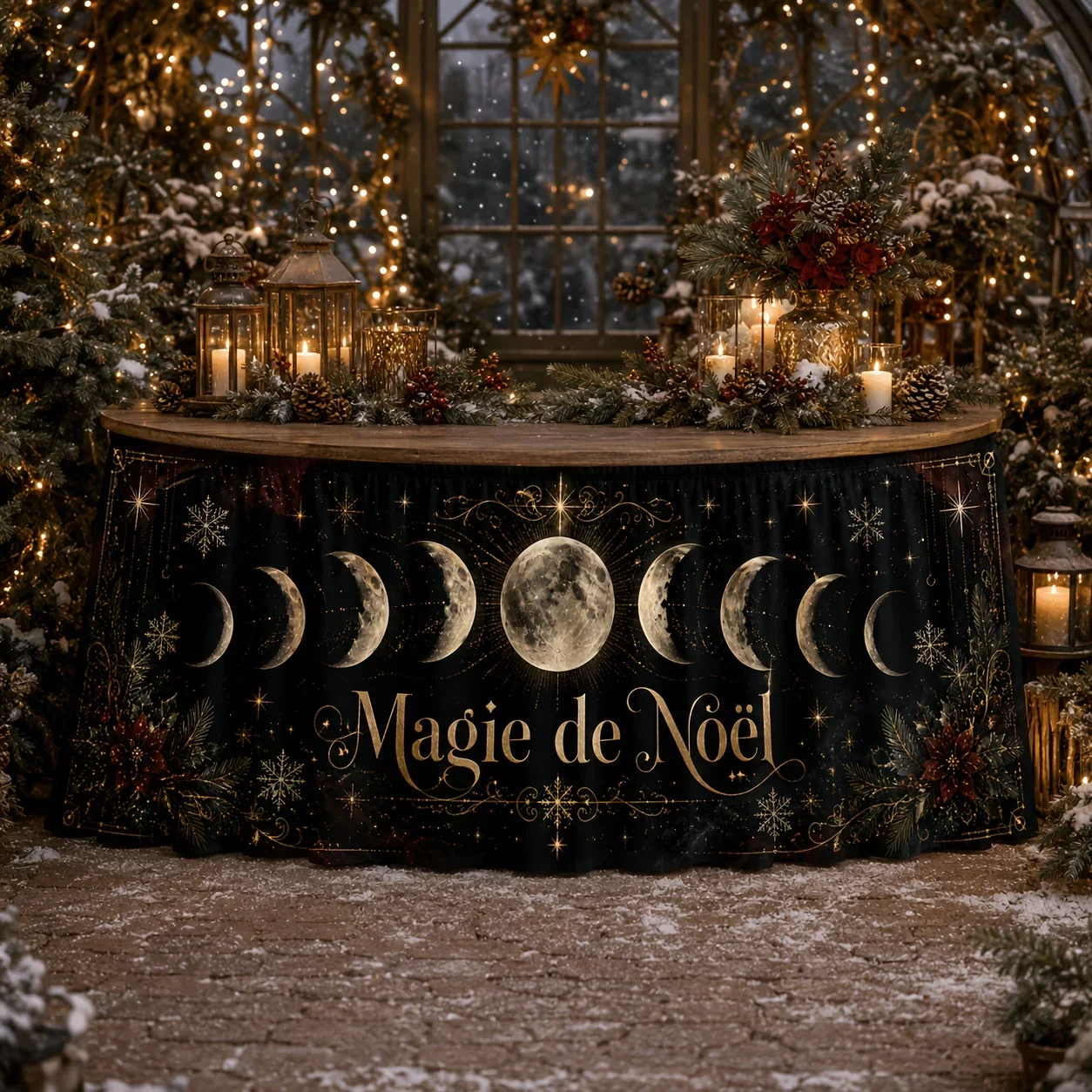 Send a tablecloth 1 piece.Christmas magic mysterious tablecloth, moon phase, stars,snowflakes, one-pink-rose,pinecone winterxzj