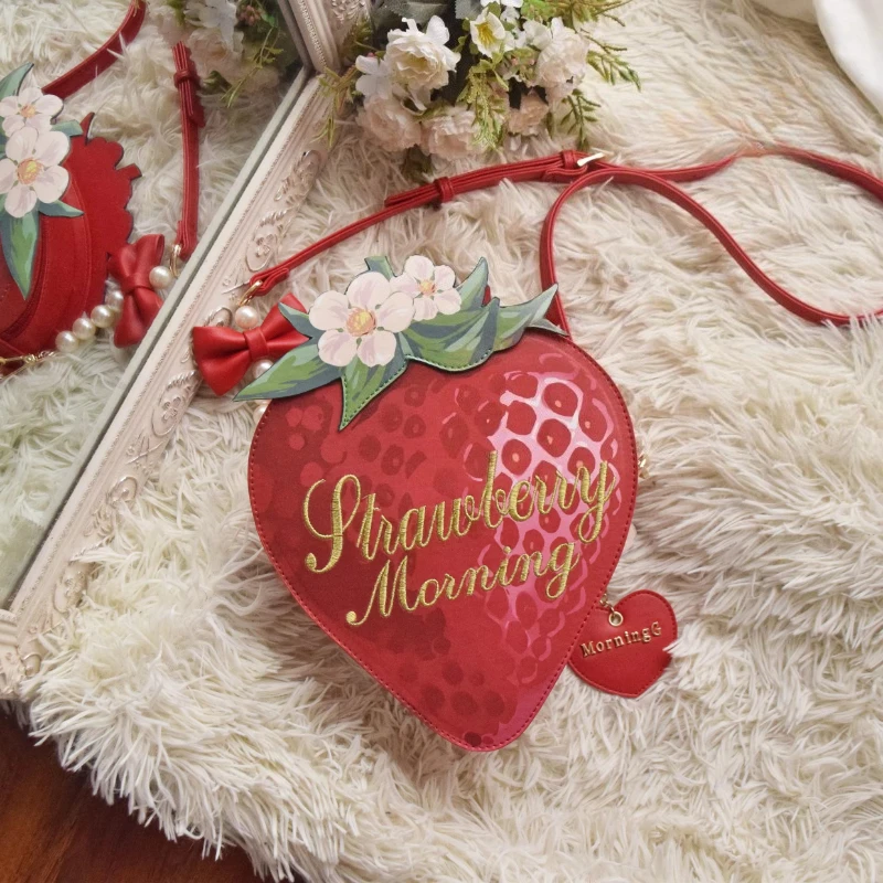 Strawberry Lolita Sweet Cute Girls Crossbody Handbag, Lovely Fruit Pattern Shoulder Bag, Daily Party Matching Costume Accessory