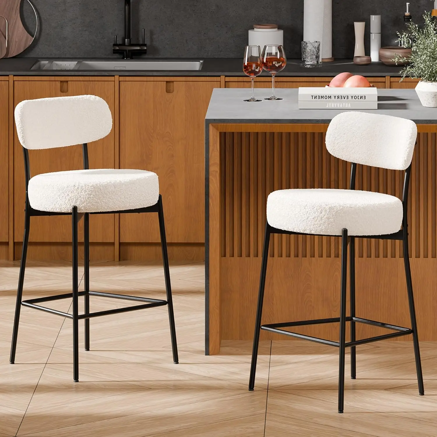 

Bar Stools Set of 2, White 24 Inches Boucle Barstools Counter Height Bar Stool with Curved Back Metal Legs, Modern, Customized