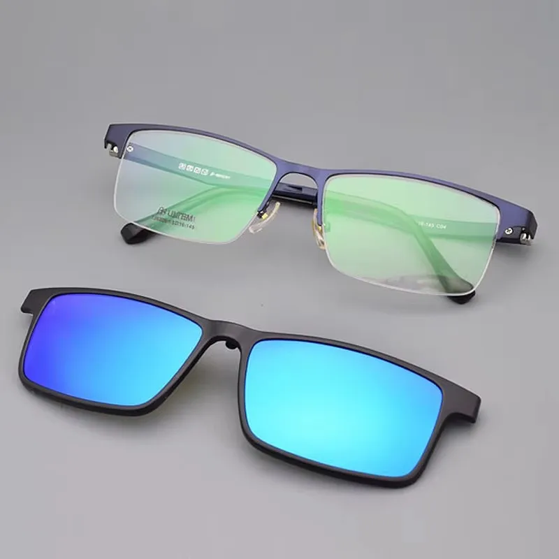 Half Frame Glasses Men Buckle Polarizing Clip on Sunglasses Magnet Stainless Steel Blue Glasses Frame Driving Prescription