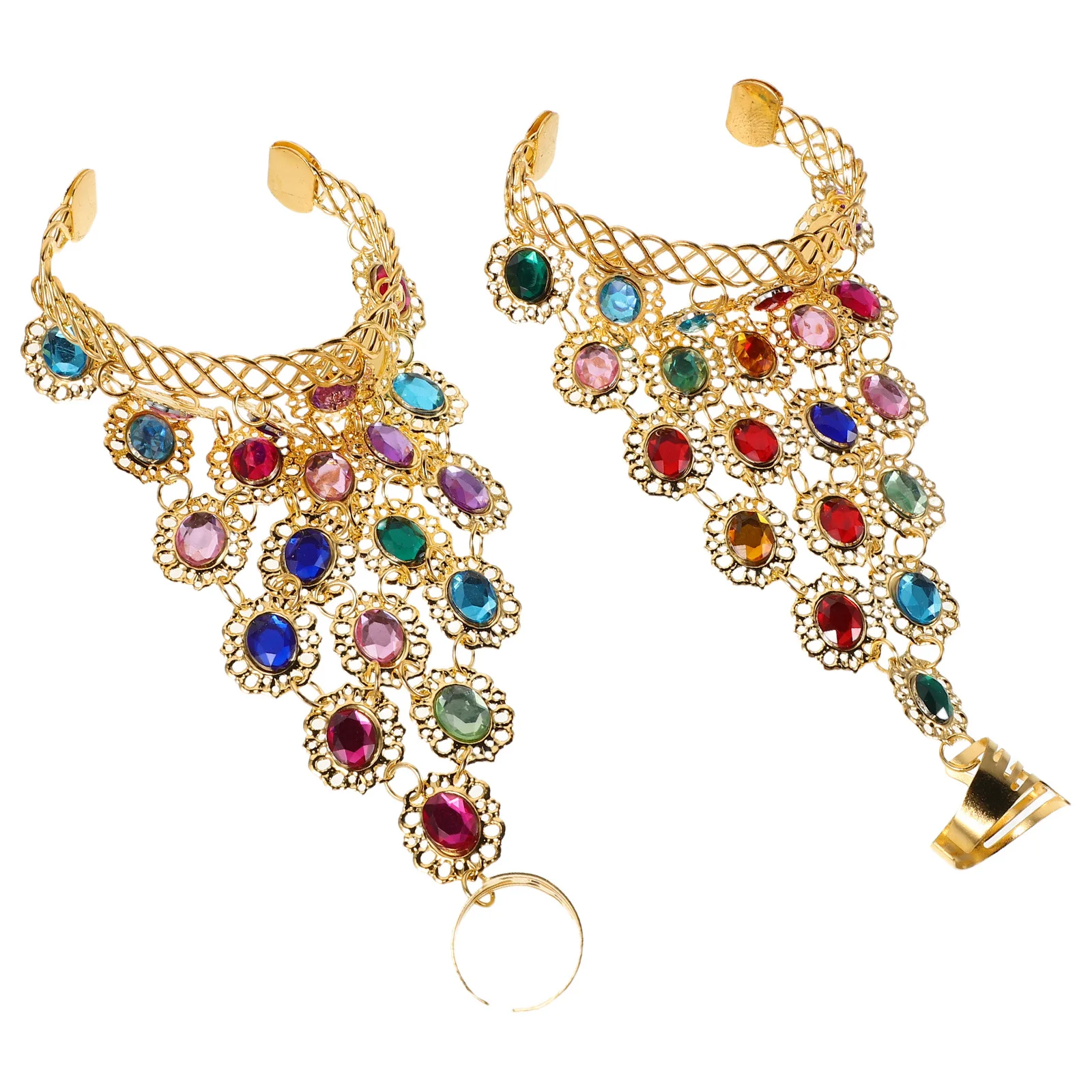 

1Pair Belly Dance Hand Chain Bracelet Rhinestone Ring Elegant Performance Jewelry Accessories Colorful Bangles
