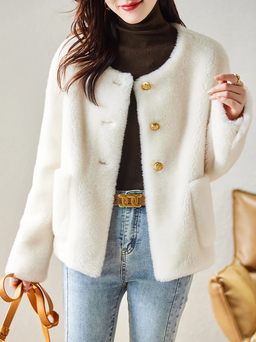 Nuovo cappotto di pelliccia di lana granulare girocollo alla moda