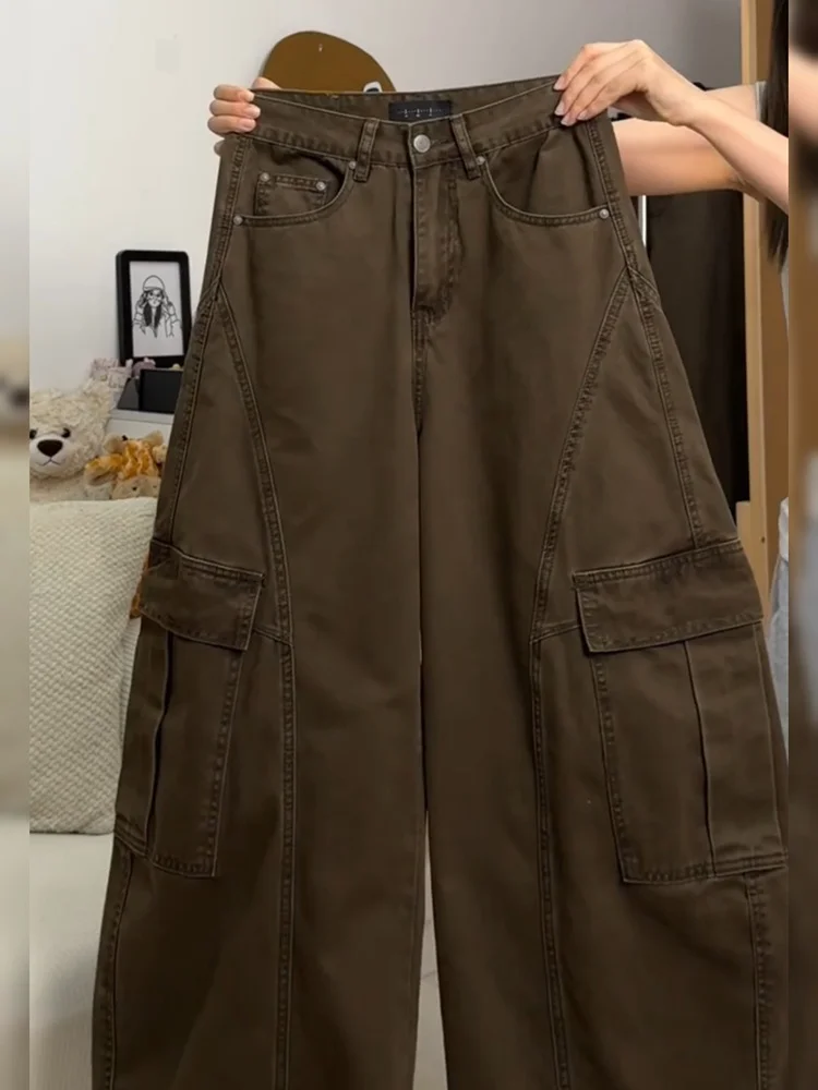 

Коричневые джинсы в стиле ретро, мужские прямые брюки в стиле пэчворк, рабочая одежда, широкие брюки, винтажный вид, повседневные брюки с ножом