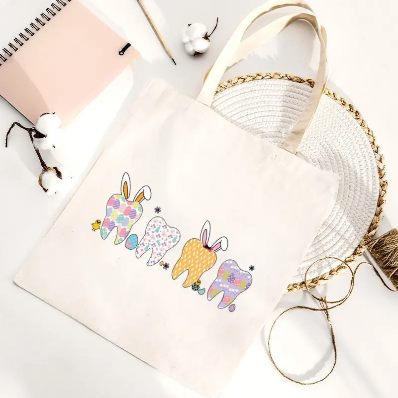 Neutral Color Aesthetic Spring Easter Dentist Tote Bag, White Canvas, No Edge Paint, No Closure, Large Capacity, Simple Style, D