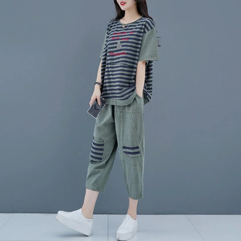 Women Splicing Sportswear Sets Summer 2022 New Short-Sleeved Female Embroidered Casual Clothes Loose And Thin Two-Piece Women\'s