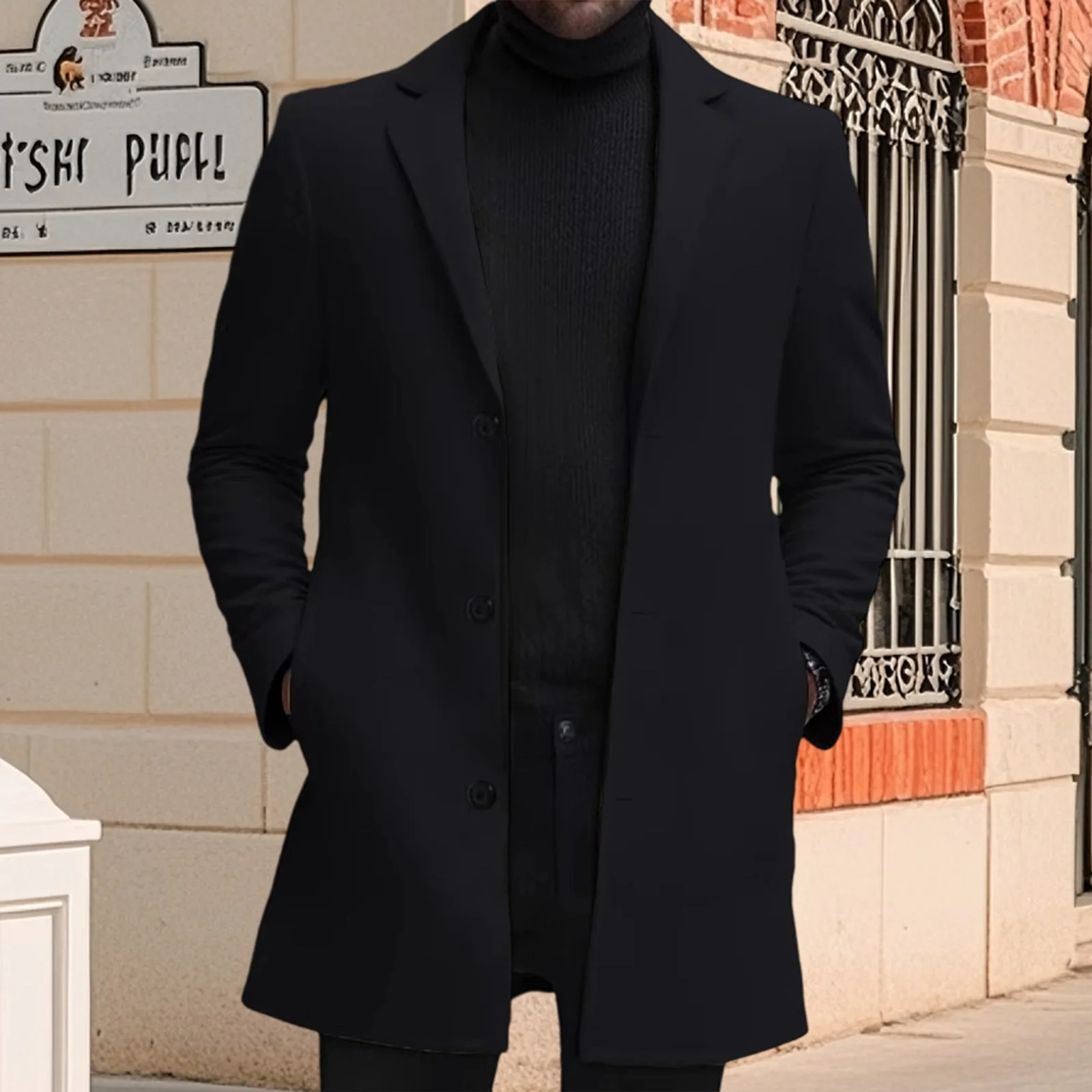 Men s Wool Pea Coat Solid Color Lapel Collar Single Breasted Jacket Warm Mid Length Winter Trench Coat