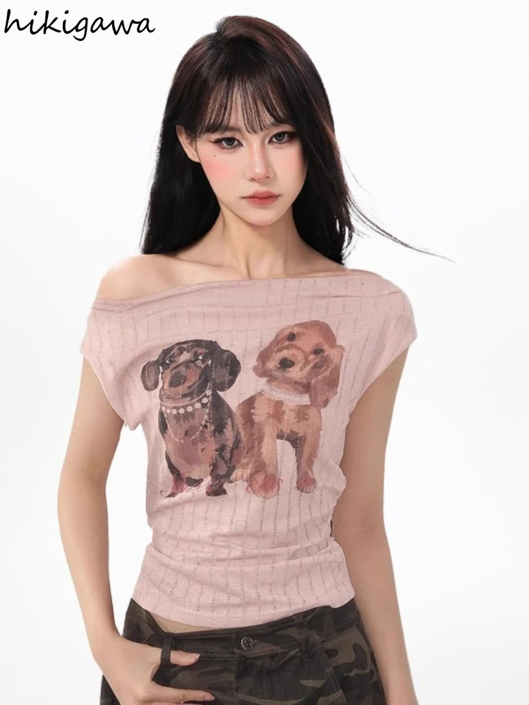 

Футболки с принтом собаки, женская одежда, Ropa Mujer, туника с открытыми плечами и короткими рукавами, топы Camisetas Y2k, повседневные модные сексуальные футболки